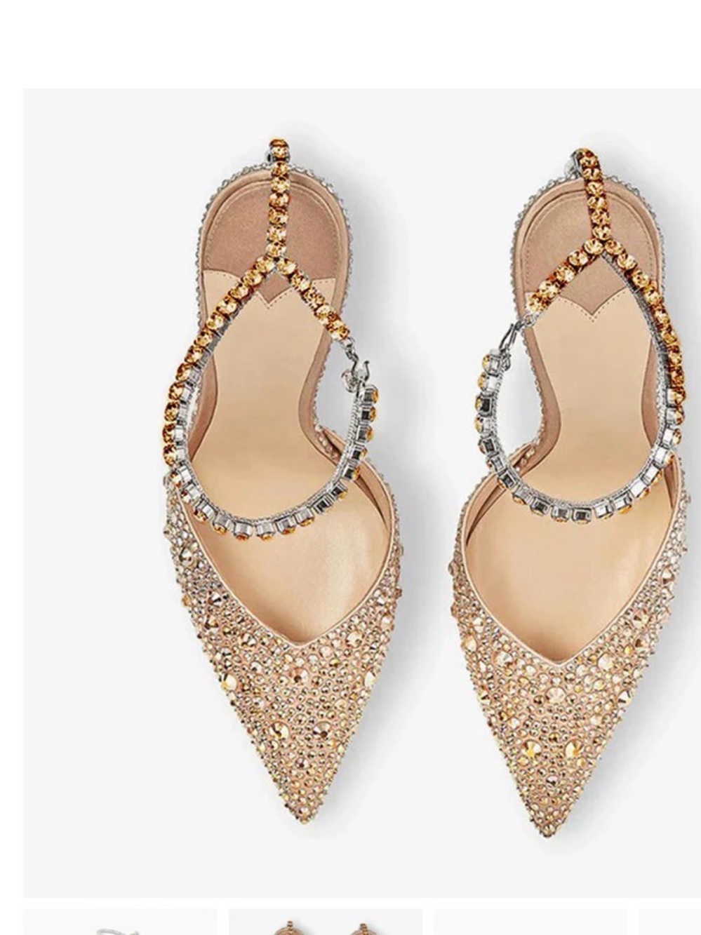 & Other Stories Champagne Crystal Pointed-Toe Stiletto Heels with Ankle Chain - Picture 2 of 3